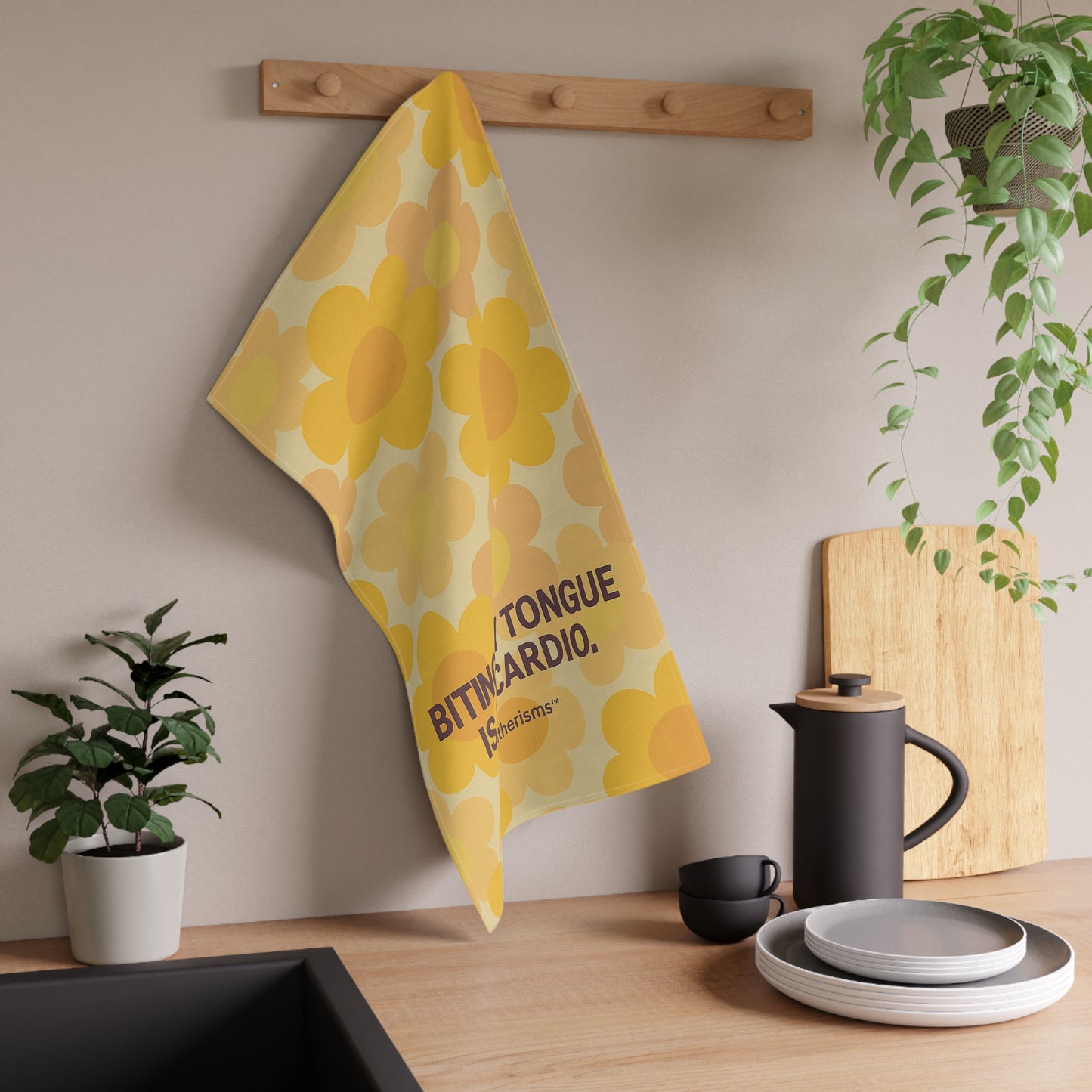 Cheerful Kitchen Tea Towels, Biting My Tongue Is My Cardio, Fun Gift for Cooks, Kitchen Decor, Bright Flower Design, Home Essentials