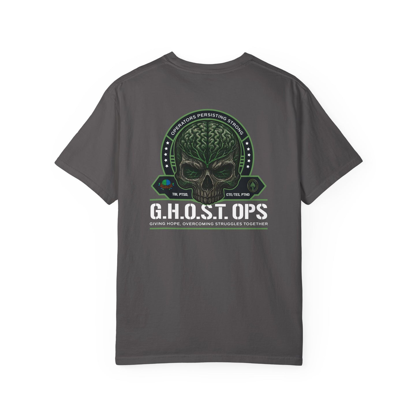 G.H.O.S.T. OPS™ Skull Back Print Tee – Brain Injury & Caregiver Support Shirt, Casual Wear, Gift for Gamers, Military, Birthday Present, Halloween Outfit, Unique Style