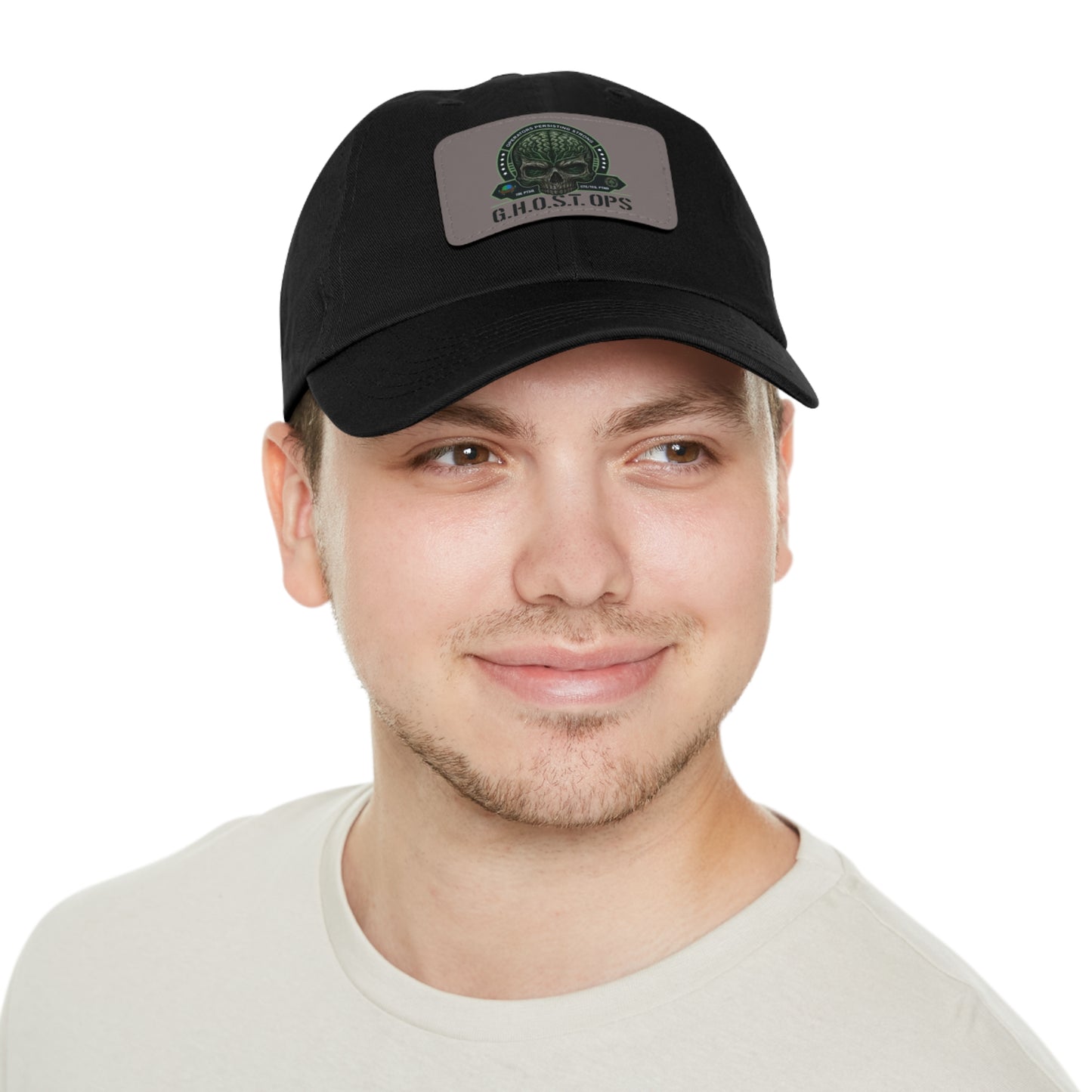 G.H.O.S.T. OPS Dad Hat, Stylish Black Cap with Leather Patch, Trendy Accessories for Dads, Gifts for Men, Casual Wear