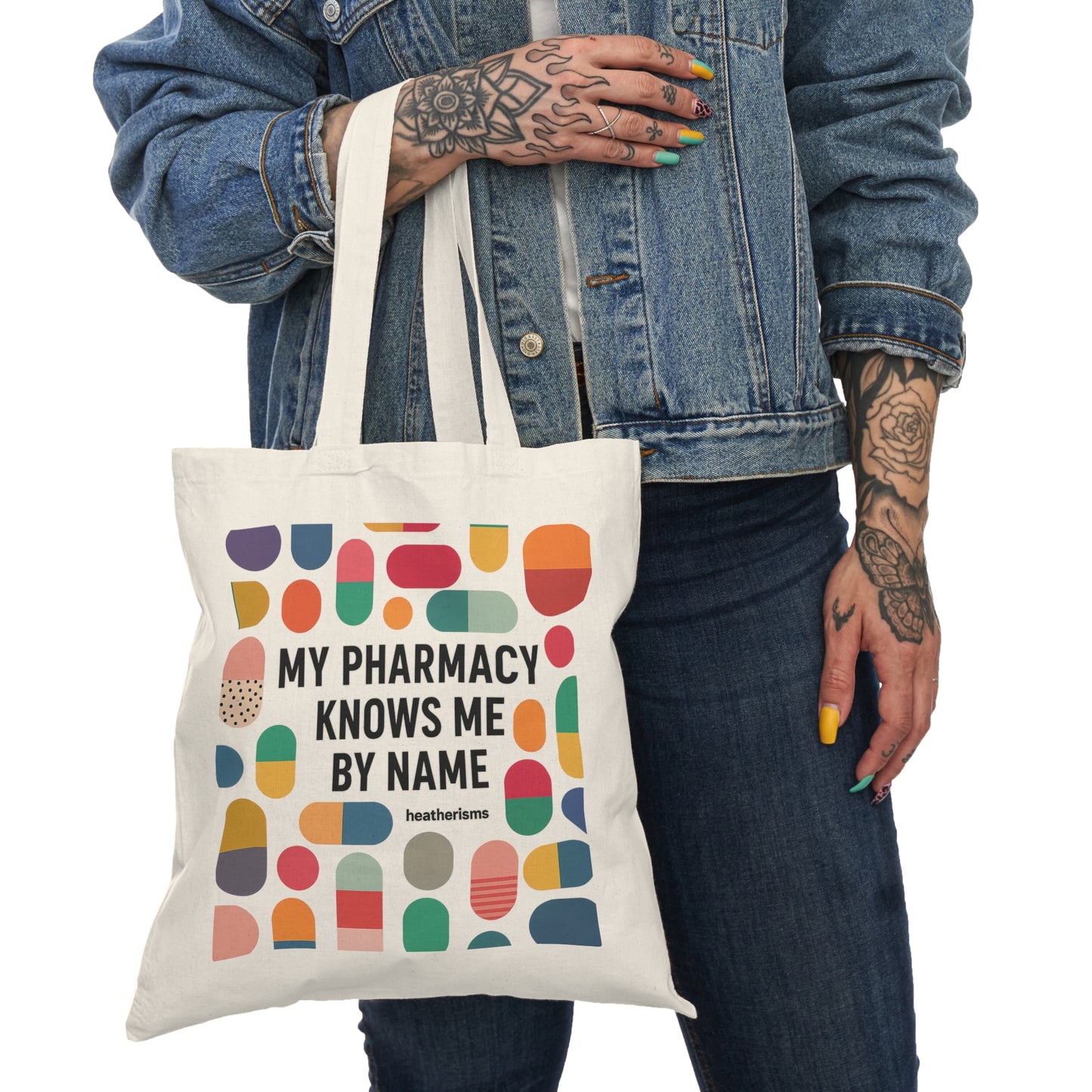 “My Pharmacy Knows Me by Name” Tote Bag | Heatherisms™ Candy Dot Collection | Chronic Illness Humor | Reusable Canvas Bag for Caregivers, Nurses, Spoonies, and Realists