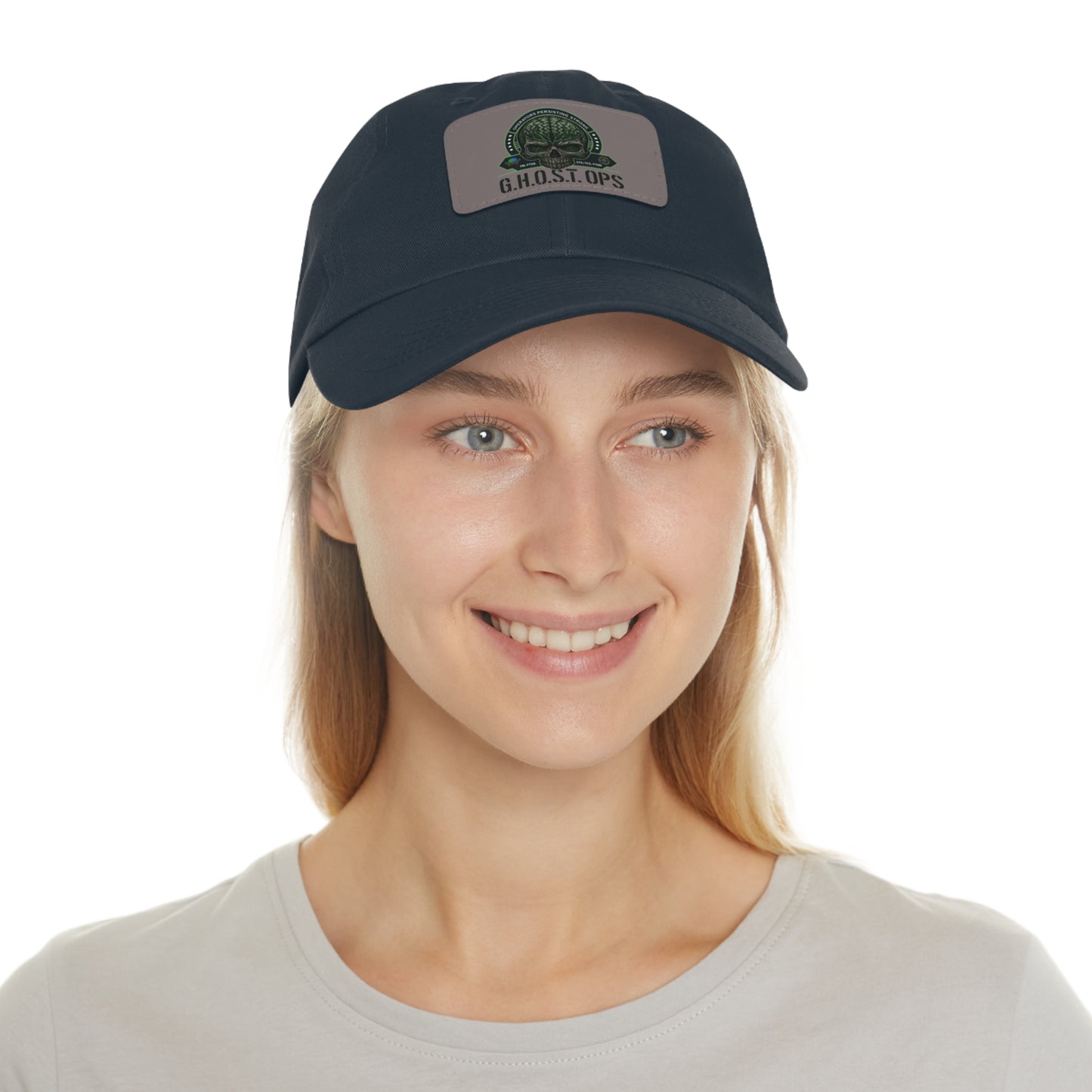 G.H.O.S.T. OPS Dad Hat, Stylish Black Cap with Leather Patch, Trendy Accessories for Dads, Gifts for Men, Casual Wear