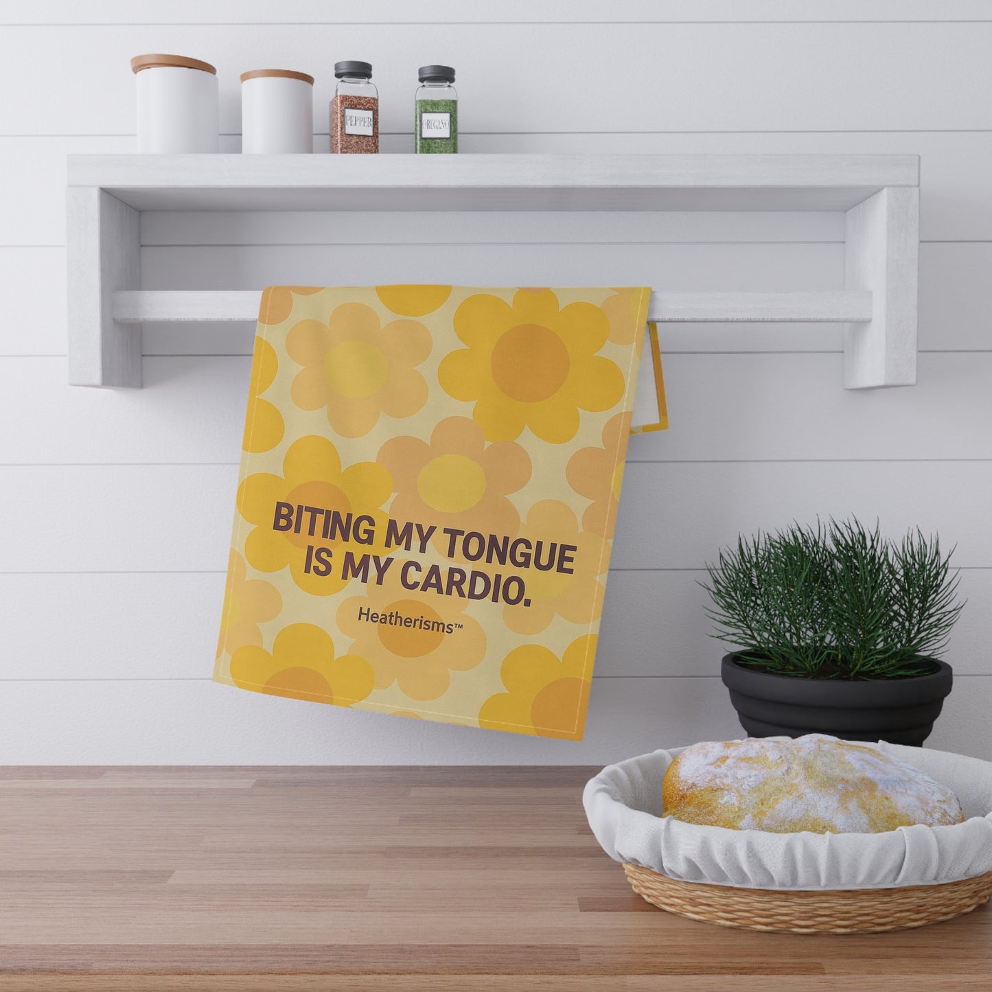 Cheerful Kitchen Tea Towels, Biting My Tongue Is My Cardio, Fun Gift for Cooks, Kitchen Decor, Bright Flower Design, Home Essentials