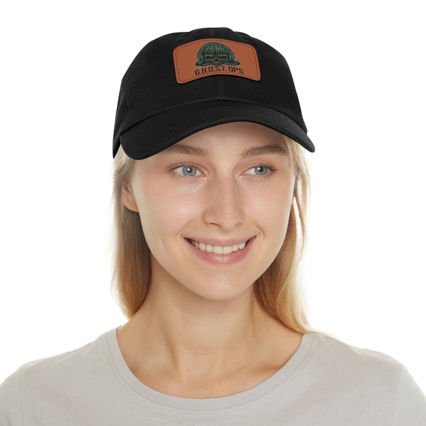 G.H.O.S.T. OPS Dad Hat, Stylish Black Cap with Leather Patch, Trendy Accessories for Dads, Gifts for Men, Casual Wear
