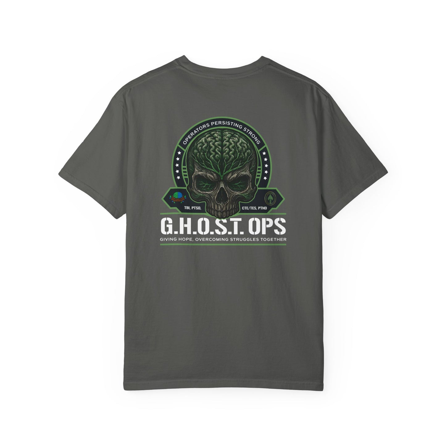 G.H.O.S.T. OPS™ Skull Back Print Tee – Brain Injury & Caregiver Support Shirt, Casual Wear, Gift for Gamers, Military, Birthday Present, Halloween Outfit, Unique Style