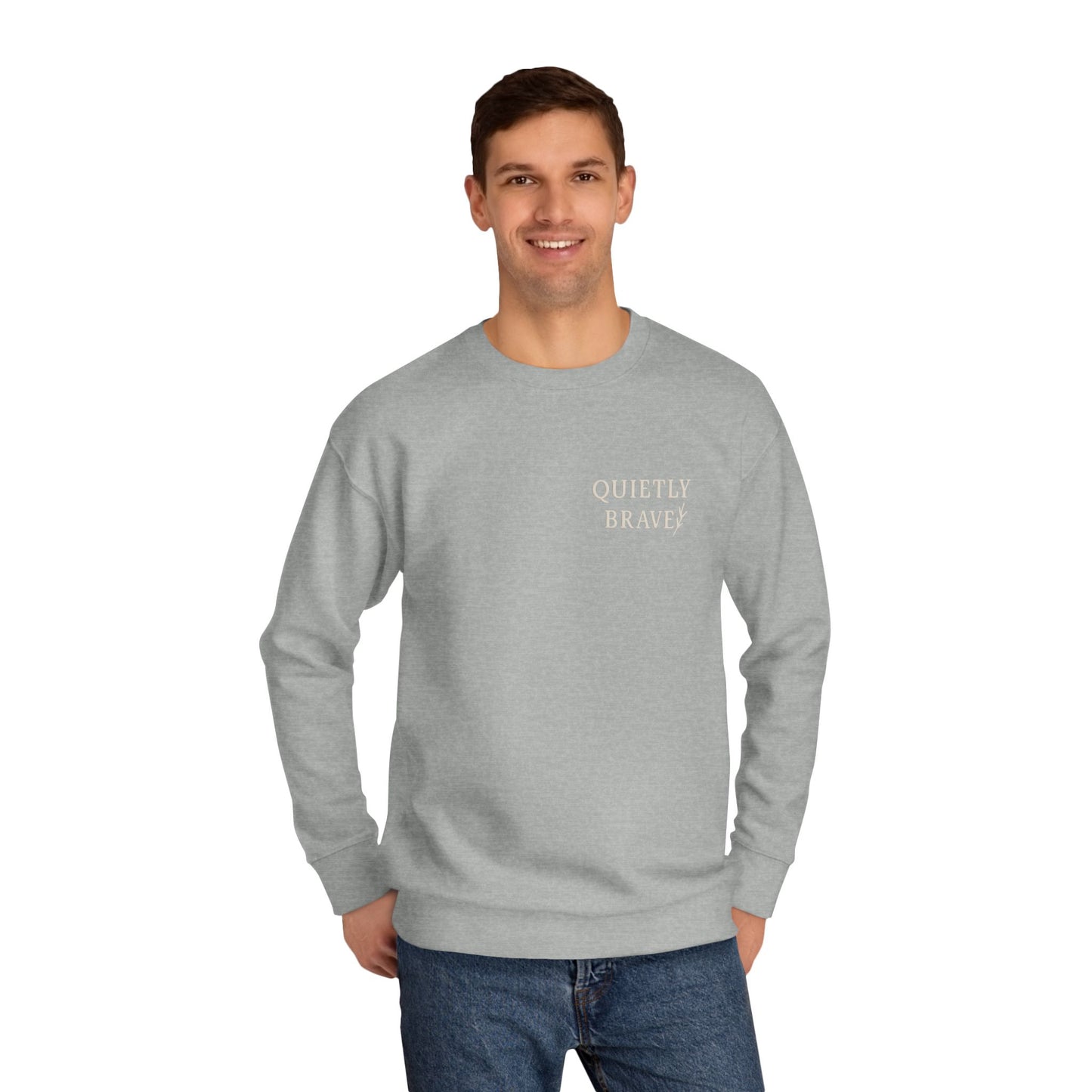 Unisex Crew Sweatshirt – Quietly Brave Embroidery | Dusty Rose & Carbon Grey | Cozy Inspirational Pullover