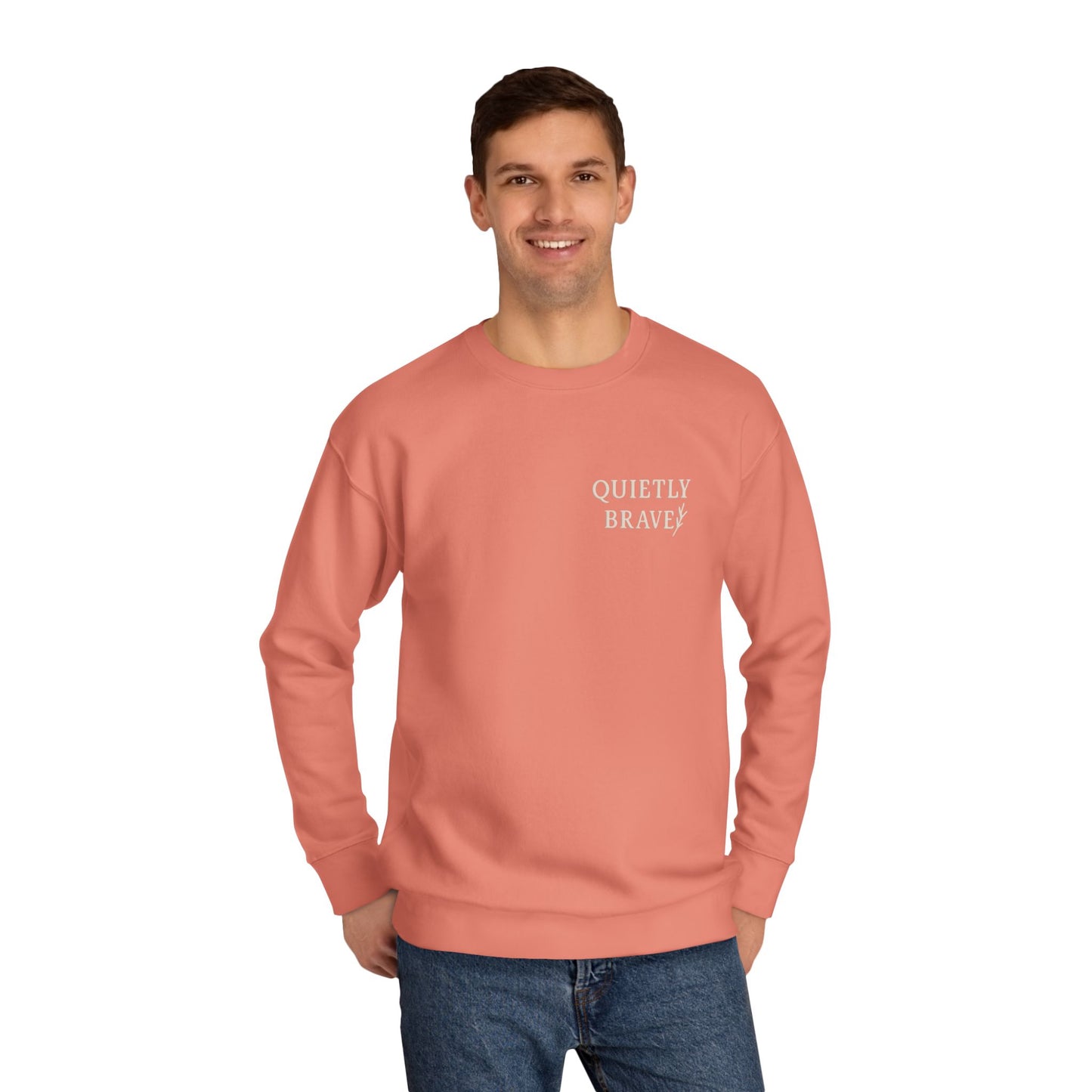 Unisex Crew Sweatshirt – Quietly Brave Embroidery | Dusty Rose & Carbon Grey | Cozy Inspirational Pullover