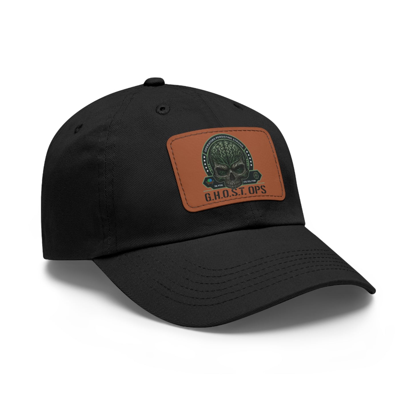 G.H.O.S.T. OPS Dad Hat, Stylish Black Cap with Leather Patch, Trendy Accessories for Dads, Gifts for Men, Casual Wear
