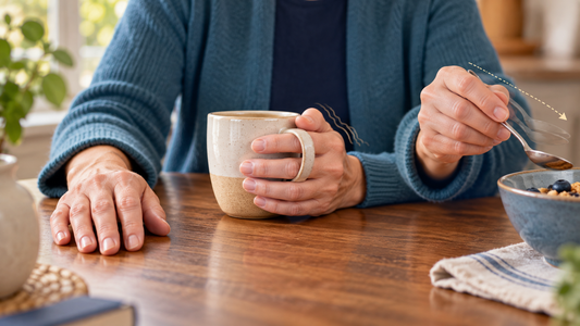 Close-up of an adult’s hands resting on a wooden table, holding a ceramic mug, and using a spoon, with subtle motion suggesting different types of tremor.