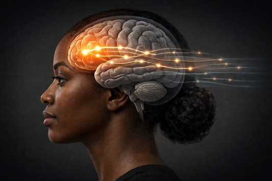 Medical illustration showing slower processing speed after brain injury with highlighted brain regions involved in attention and cognitive timing.