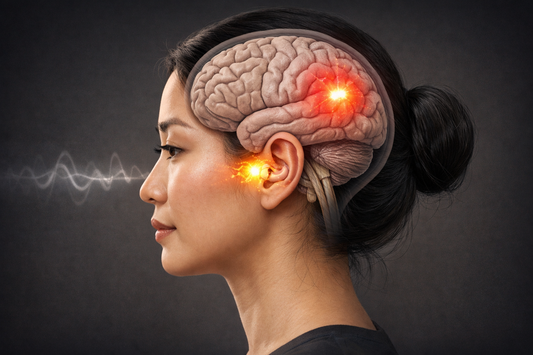Medical illustration showing brain regions involved in auditory processing and attention affected after brain injury.