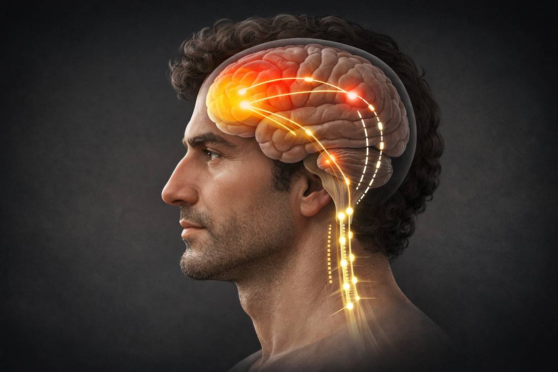 Medical illustration showing delayed neural response timing after brain injury affecting communication between thinking and action centers.