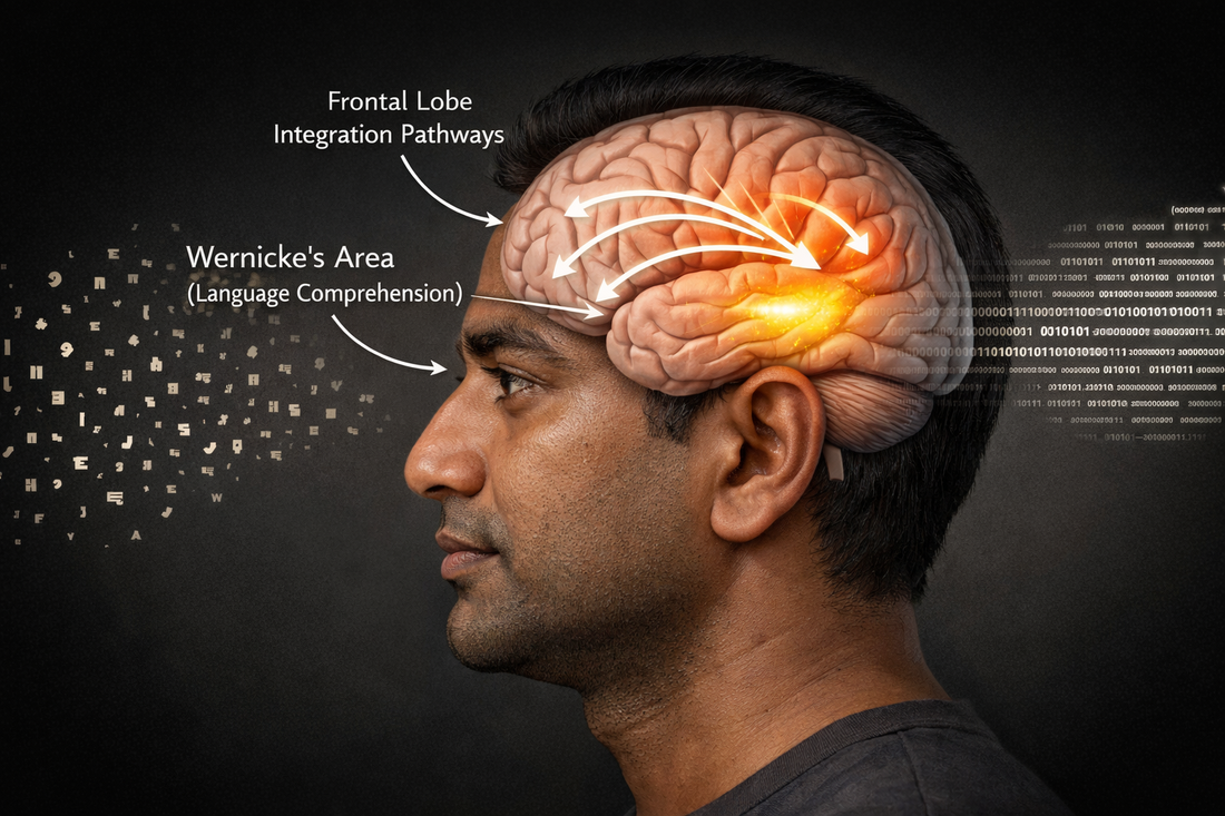 Medical illustration showing brain regions involved in language comprehension and information processing affected after brain injury.
