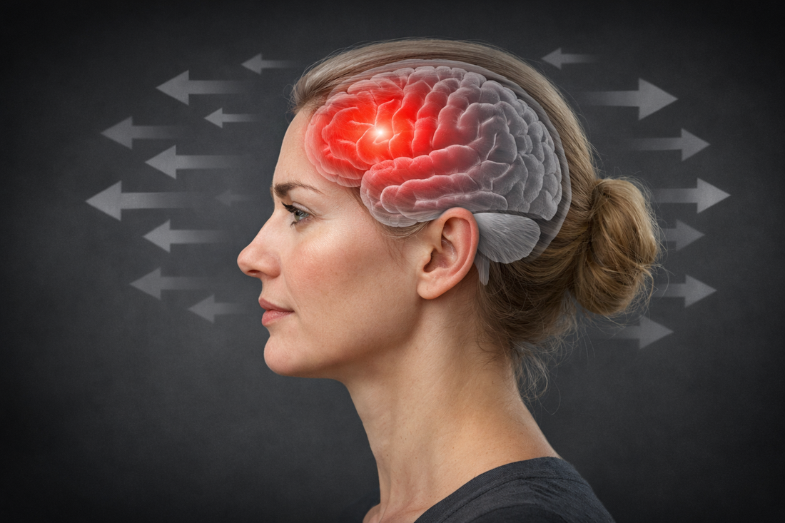 Medical illustration showing frontal lobe decision-making pathways affected after brain injury.