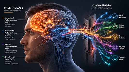 Medical illustration showing frontal lobe networks involved in cognitive flexibility affected after brain injury.