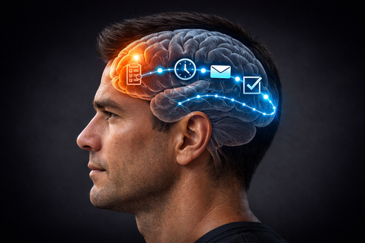 Medical illustration showing cognitive task sequencing networks affected after brain injury leading to slower task completion.