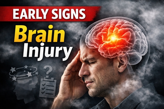 Early signs of brain injury thumbnail featuring glowing brain graphic symbolizing brain fog, executive dysfunction, and concussion symptoms.