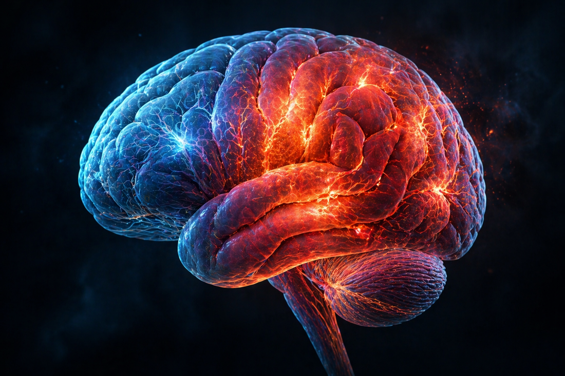 Illustration of brain under stress with glowing red regions and calm blue areas representing caregiver burnout and neurological strain
