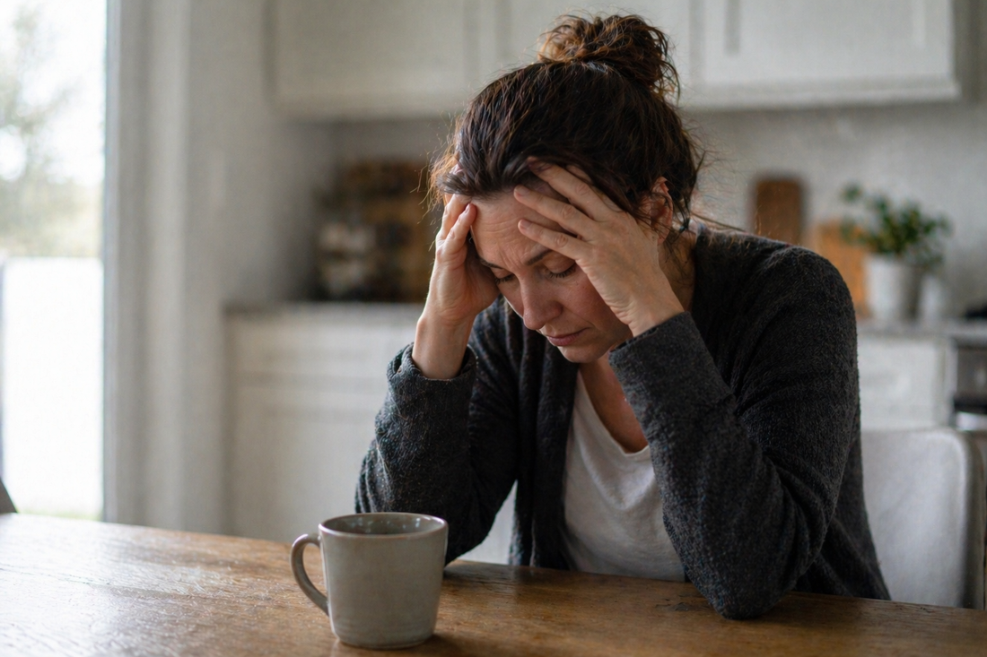 Exhausted woman in her 30s sitting alone at a kitchen table with a coffee cup, representing the quiet weight of caregiver burnout and depression