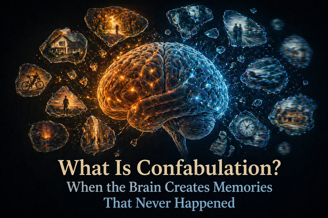 Illustration of a brain with fragmented memory pathways representing confabulation after traumatic brain injury
