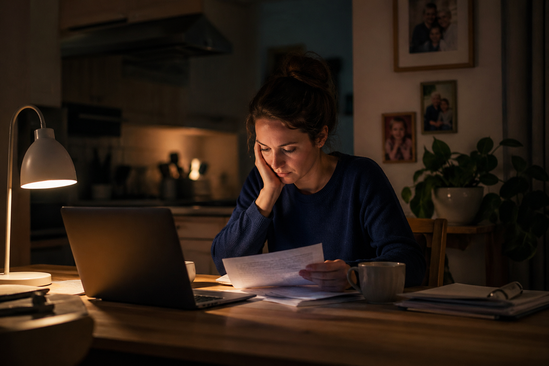 A caregiver sits alone late at night reviewing medical information after a brain injury diagnosis, representing the isolation and determination of families navigating neurological conditions without guidance.