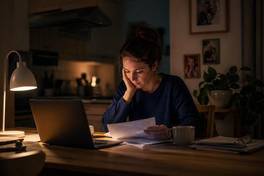 A caregiver sits alone late at night reviewing medical information after a brain injury diagnosis, representing the isolation and determination of families navigating neurological conditions without guidance.