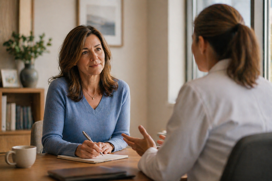 A caregiver sits across from a doctor in a consultation room, holding a notepad with questions written on it — representing the prepared caregiver who knows what to ask after a brain injury diagnosis.