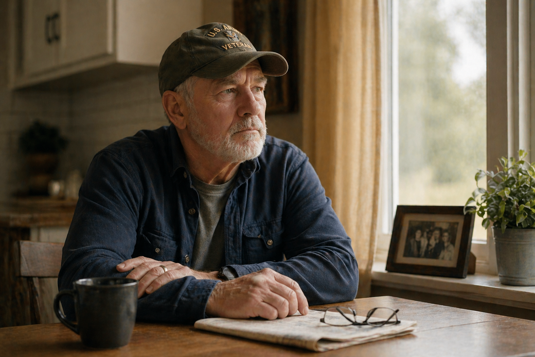 An older veteran sits quietly at a kitchen table, looking out a window — representing the years of living with undiagnosed brain injury before a late diagnosis finally arrives.  
