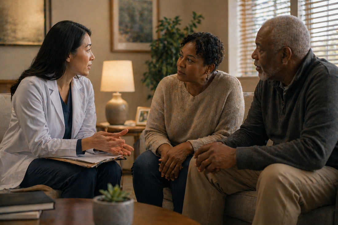 A caregiver and patient sit with a neurologist in a warm consultation room, all three engaged in conversation — representing collaborative, comprehensive neurological care.