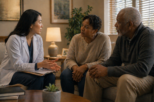 A caregiver and patient sit with a neurologist in a warm consultation room, all three engaged in conversation — representing collaborative, comprehensive neurological care.