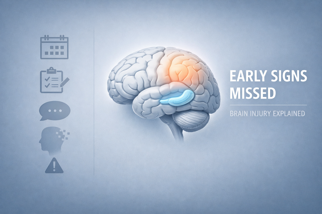 Medical illustration showing subtle early signs of brain injury with simple icons and brain graphic highlighting neurological changes often missed in early stages.