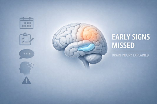 Medical illustration showing subtle early signs of brain injury with simple icons and brain graphic highlighting neurological changes often missed in early stages.