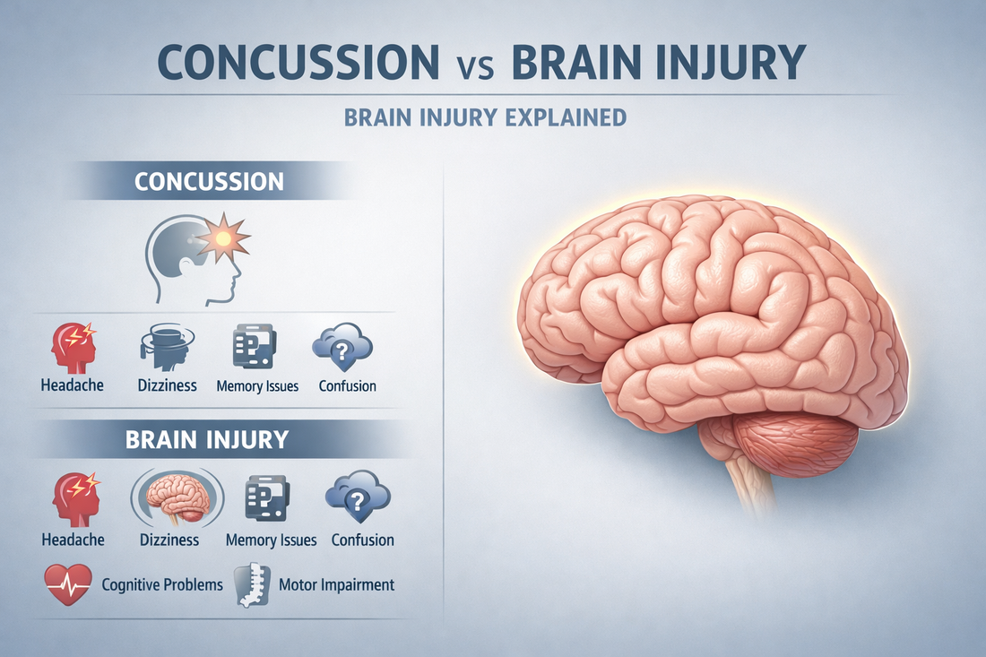 Medical educational illustration comparing concussion and traumatic brain injury with a clean brain graphic and simple symptom icons on a calm blue-gray background.