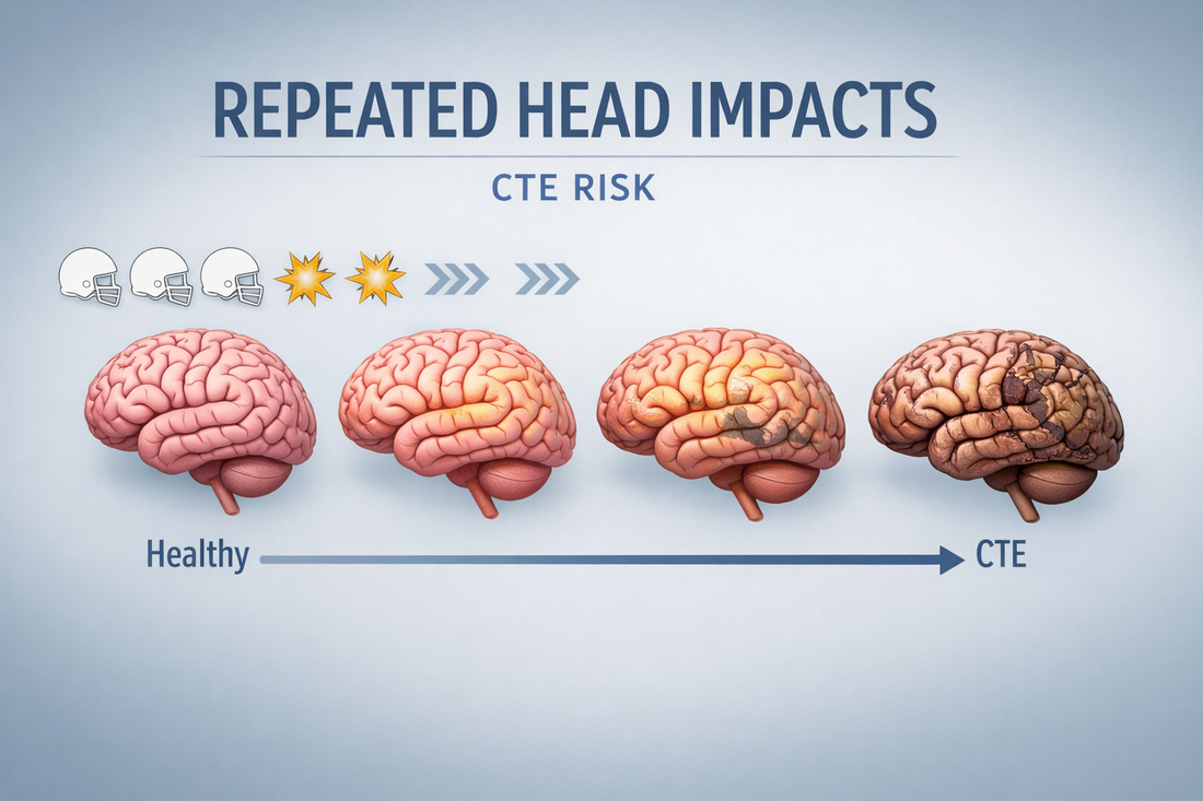 Medical educational illustration showing early brain changes associated with CTE including memory and emotional regulation regions highlighted in a calm blue-gray brain diagram.