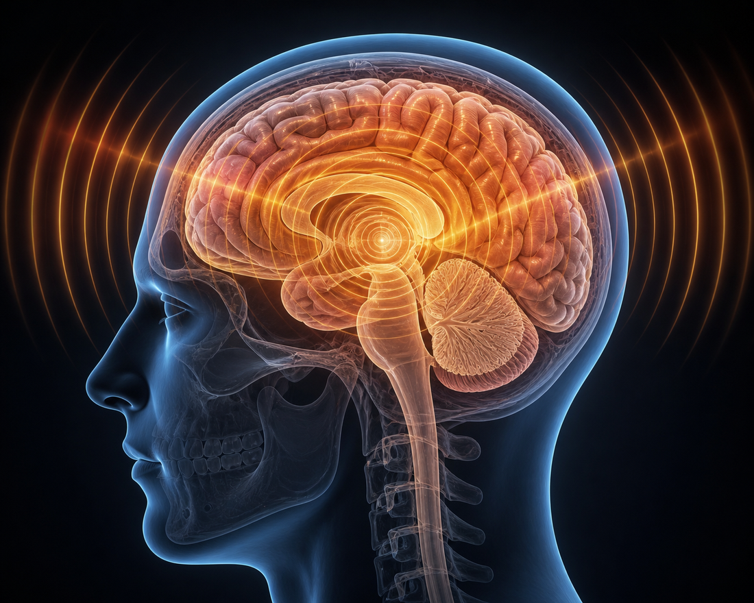 Medical illustration showing pressure waves radiating through a cross-section of the human brain — representing how blast overpressure waves transmit force and cause diffuse axonal injury.