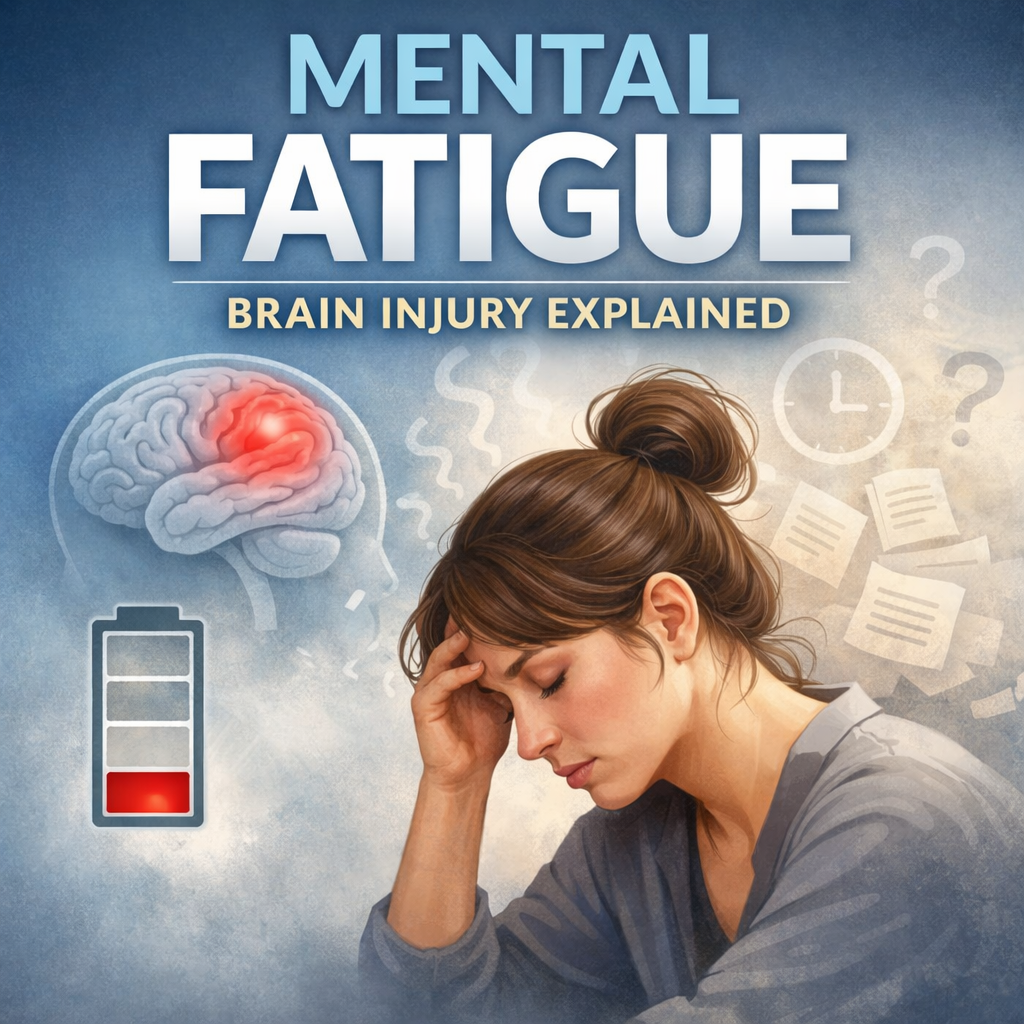 Medical educational illustration showing cognitive fatigue after brain injury with brain graphic and reduced mental energy concept.