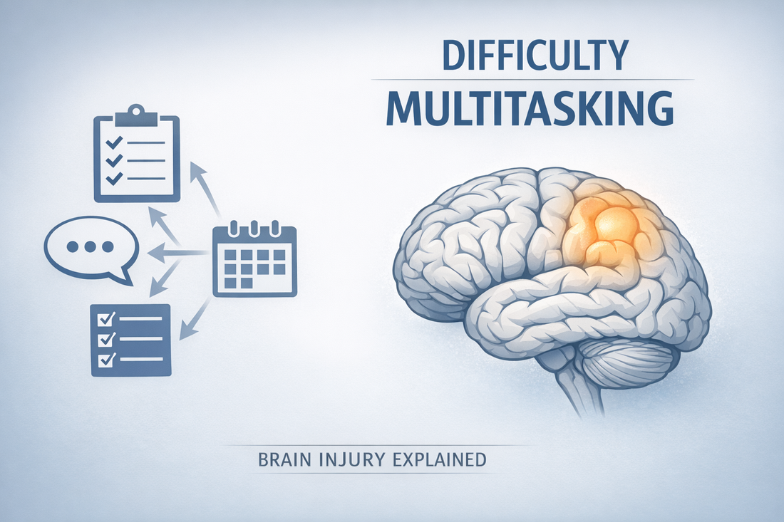 Medical educational illustration showing divided attention difficulty after brain injury with brain graphic and multitasking concept