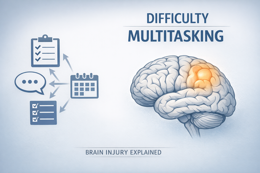 Medical educational illustration showing divided attention difficulty after brain injury with brain graphic and multitasking concept