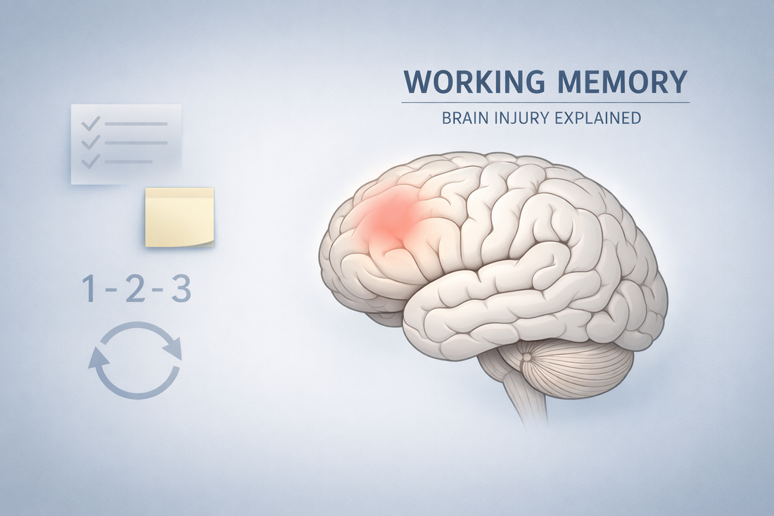 Medical educational illustration showing working memory difficulty after brain injury with brain graphic and temporary information processing concept