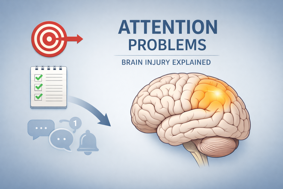 Medical educational illustration showing attention problems after brain injury with brain graphic and focus versus distraction concept
