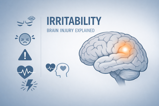 Medical illustration of irritability after brain injury showing frontal lobe emotional regulation region highlighted with simple stress sensitivity icons on blue gray clinical background, Brain Injury Explained educational graphic, no people