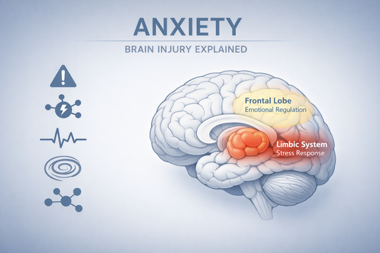 Medical educational illustration showing anxiety after brain injury with brain graphic and nervous system stress response concept