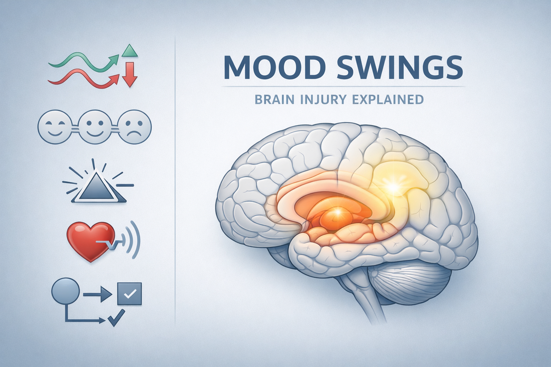 Medical educational illustration showing mood swings after brain injury with emotional regulation icons and a brain graphic highlighting frontal lobe and limbic system regions.
