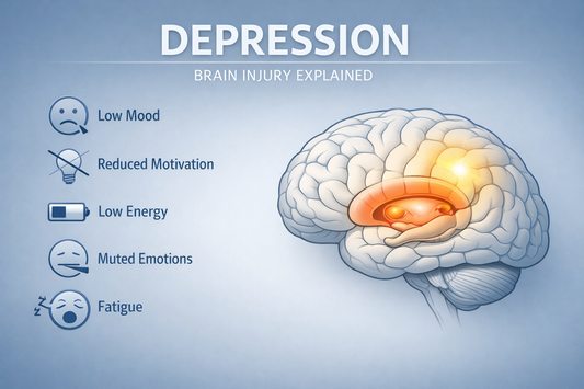Medical educational illustration showing depression after brain injury with low mood icons and a brain graphic highlighting frontal lobe and limbic system emotional regulation regions.