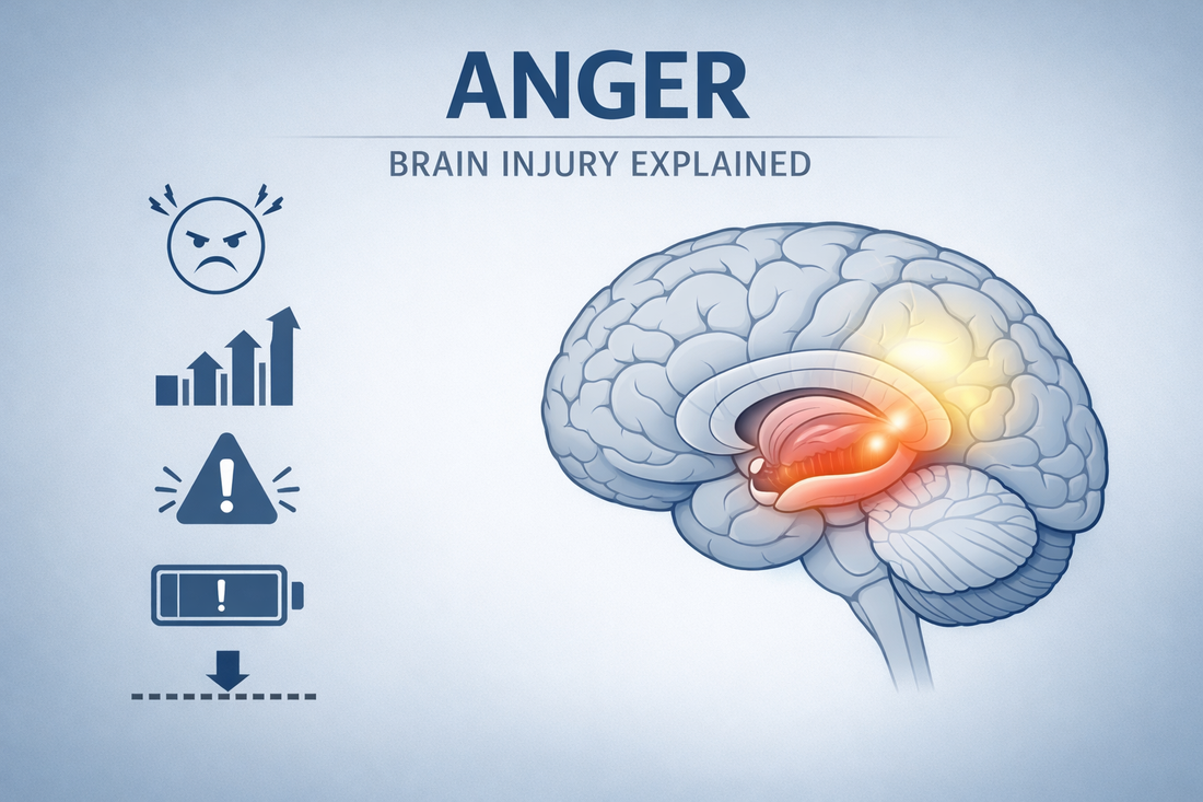 Medical educational illustration showing emotional blunting after brain injury with reduced emotional response icons and brain graphic highlighting emotional regulation regions.
