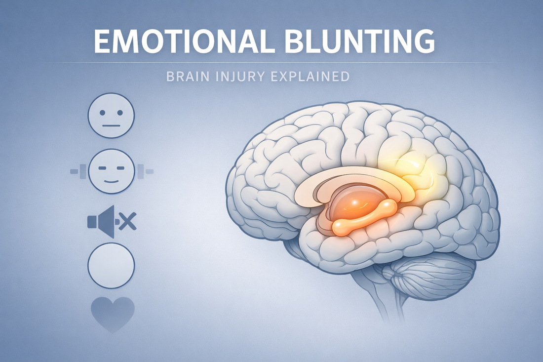 Medical educational illustration showing emotional blunting after brain injury with reduced emotional expression icons and brain graphic highlighting emotional regulation regions.