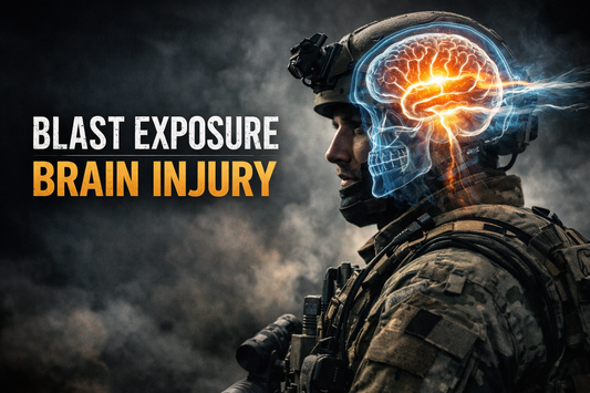 Medical illustration showing blast wave exposure affecting brain tissue in military personnel, highlighting neurological impact of repetitive blast pressure associated with traumatic brain injury in veterans.