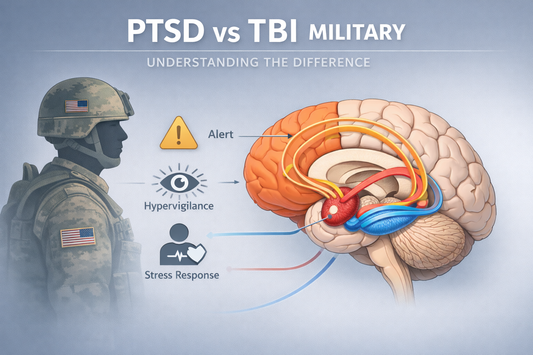 Medical illustration comparing PTSD and traumatic brain injury showing overlapping neurological pathways affecting emotional regulation, memory, and stress response in veterans.