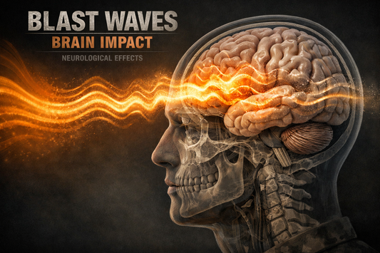 Scientific illustration showing blast pressure wave passing through brain tissue highlighting neurological structures affected by repeated blast exposure in military personnel.