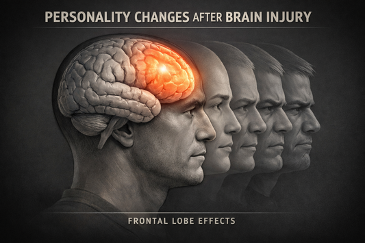Medical illustration highlighting frontal lobe brain region associated with behavioral and personality changes following traumatic brain injury or blast exposure in military personnel.