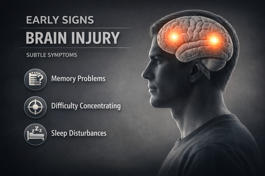 Medical illustration highlighting subtle neurological symptoms of early brain injury affecting memory, attention, and emotional regulation in veterans exposed to blast waves or head trauma.